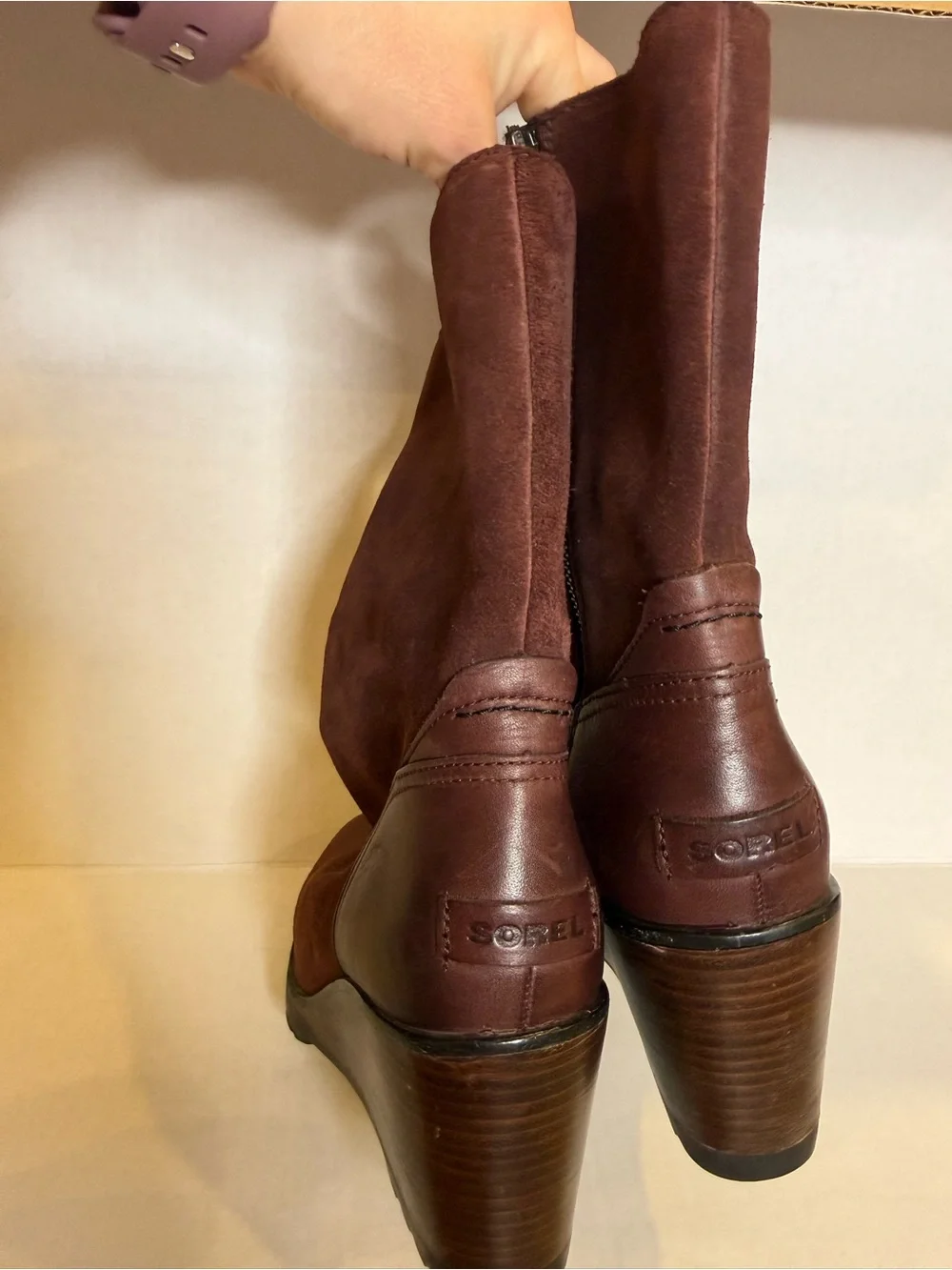 Sorel After Hours Wedge Heel Suede Leather Boots Redwood Burgundy Brown Size 8